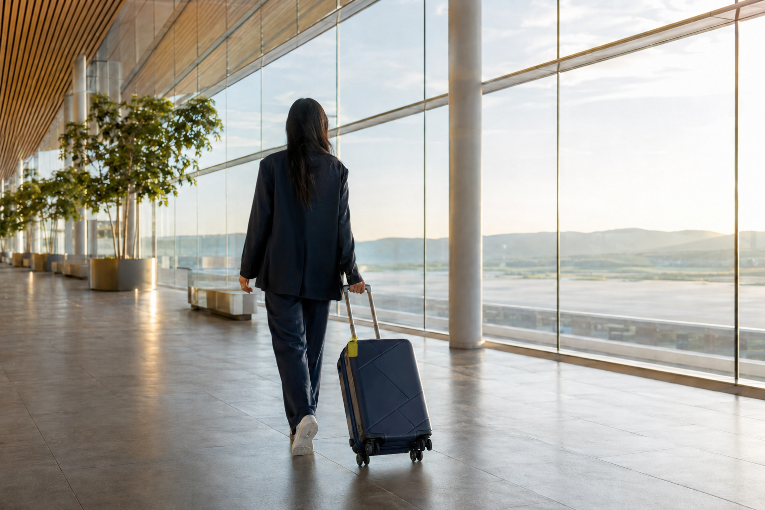 Traveler moving calmly through a bright terminal